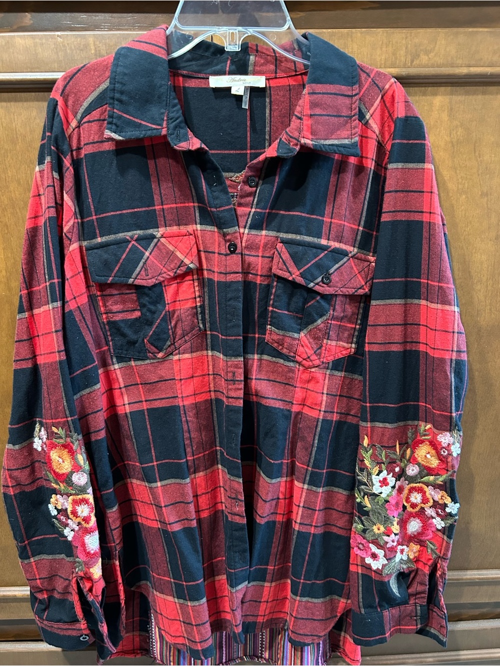 ANDREE BY UNIT Red & Black Plaid Button-Down Shirt with Floral Embroidery